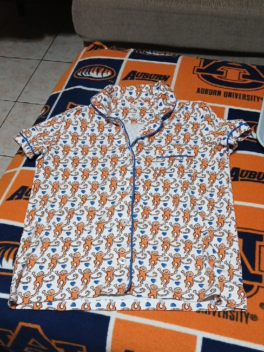 Roller Rabbit White Short Pajama Set with Orange Monkey Print and Blue Piping